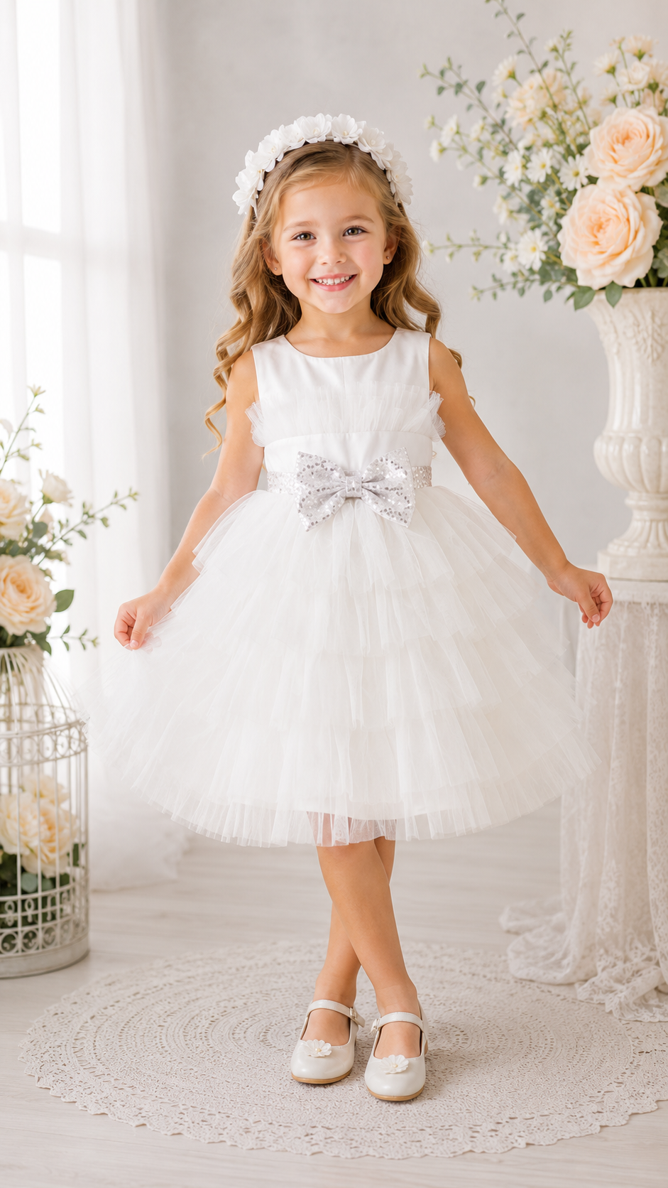 White Special Occasions Dress with Silver Sequins Bow #1000306