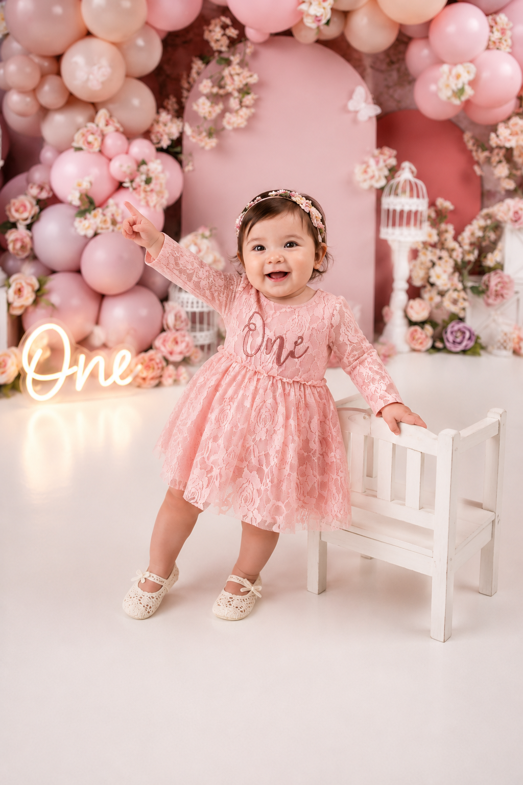 One Dusty Pink Long Sleeve Lace Romper #1001126