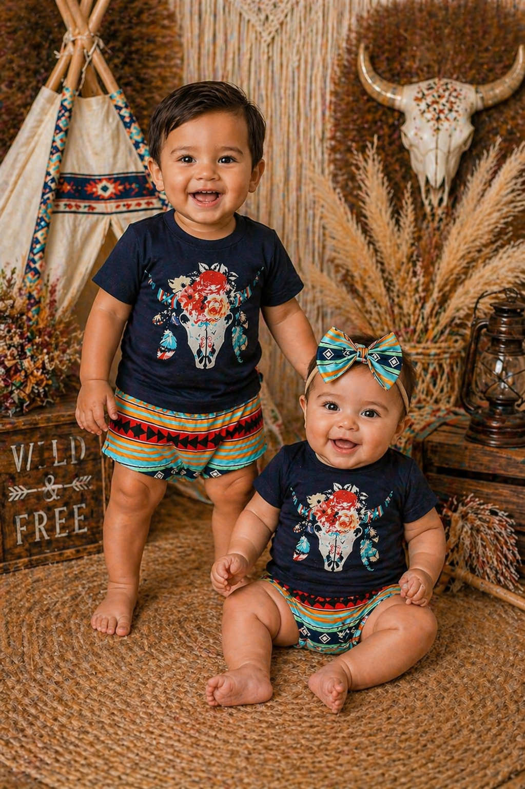 #1001180 Bucramium, Navy Boho Cow Skull T-shirt Bloomer and Headband