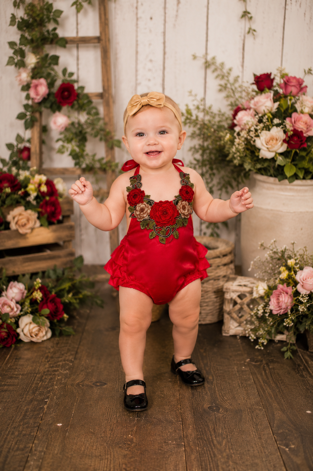 Red Silk Romper With Roses #1000413