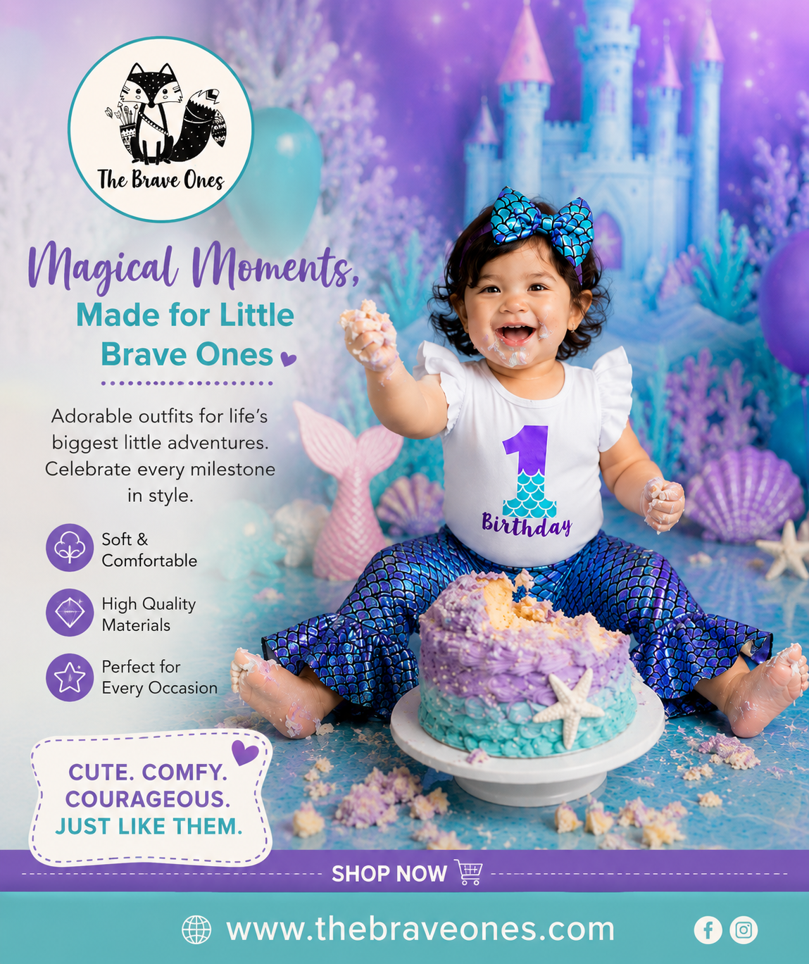 First Birthday Ruffle Sleeve Romper with Mermaid Bell Bottoms and Headband  #1000206