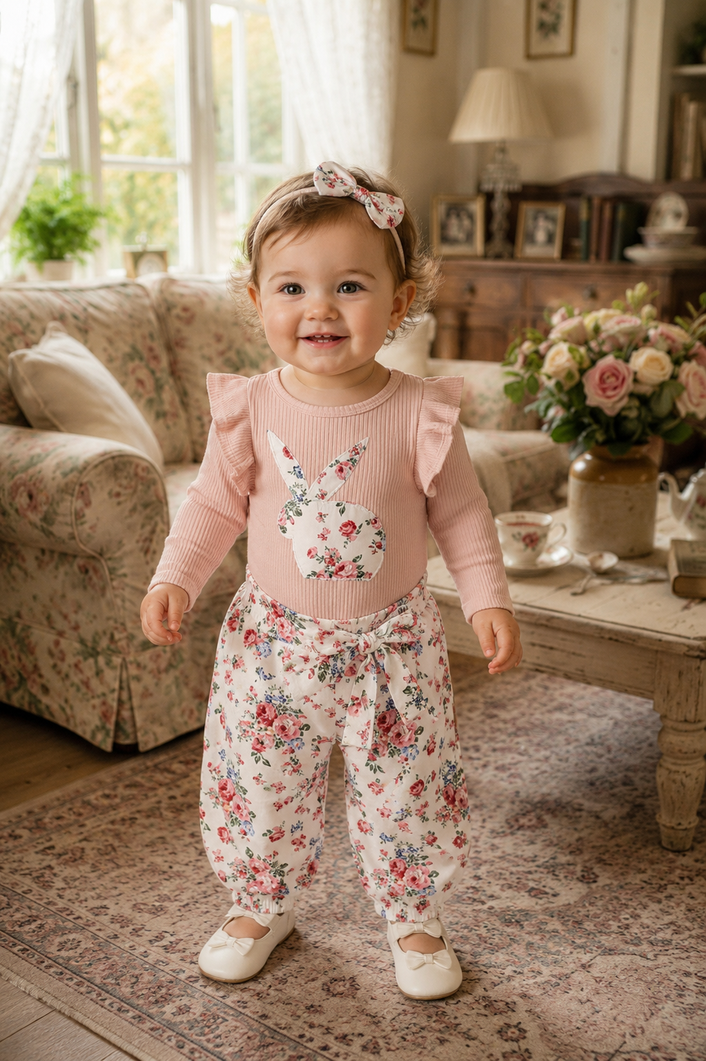 Ribbed Bunny Floral Romper and Bowknot Pants #100074