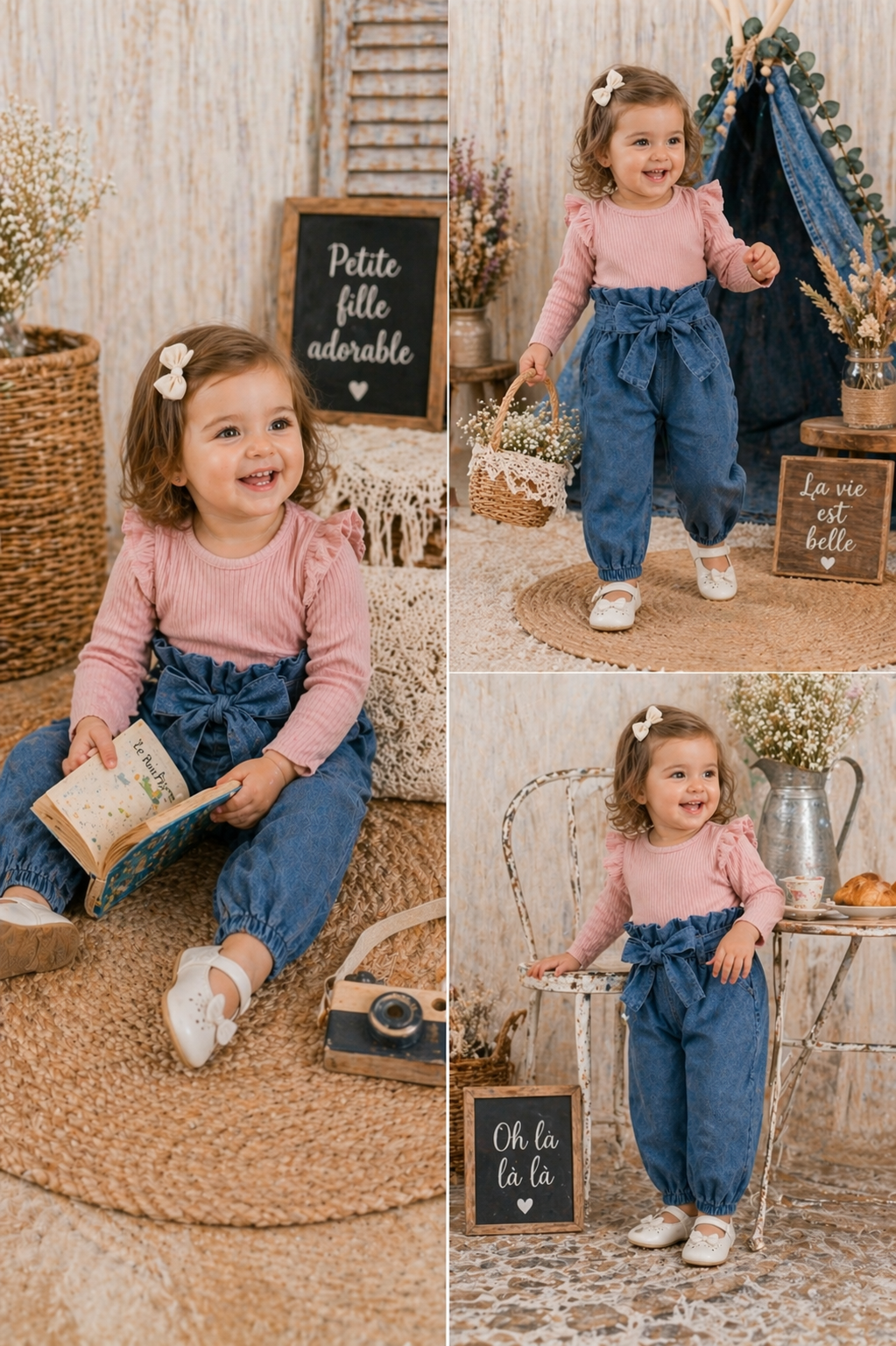 Ribbed Pink Long Sleeve Romper and Bowknot Denims #10006