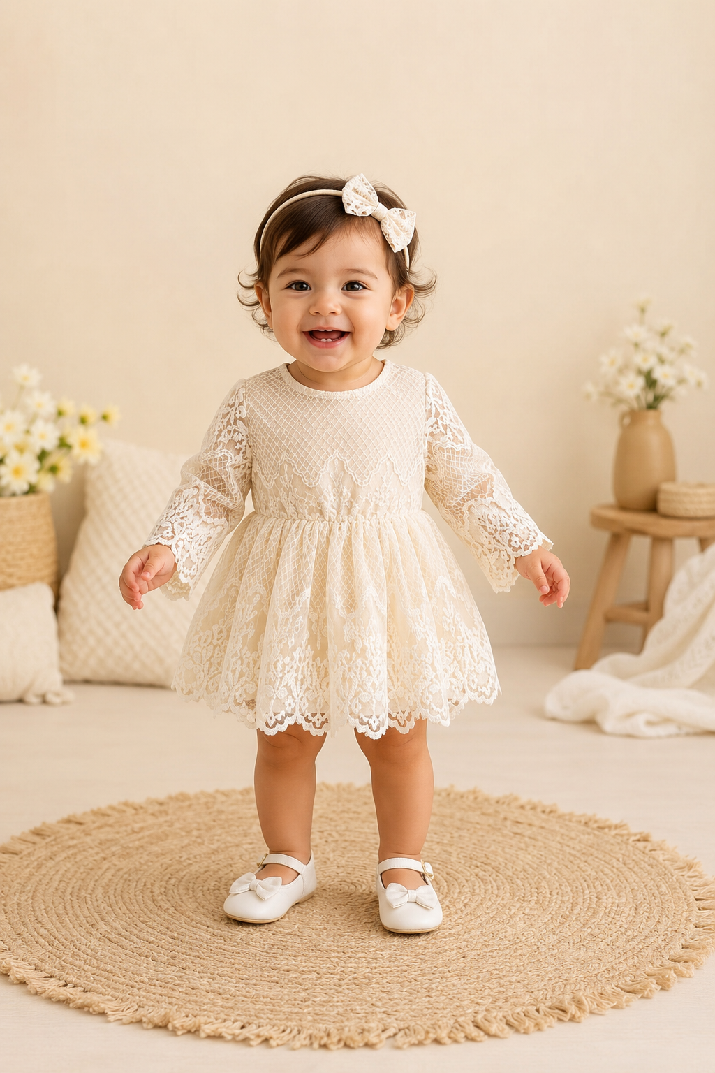 Off White Lace Romper Dress with Pichwork Plaid Skirt #10020036