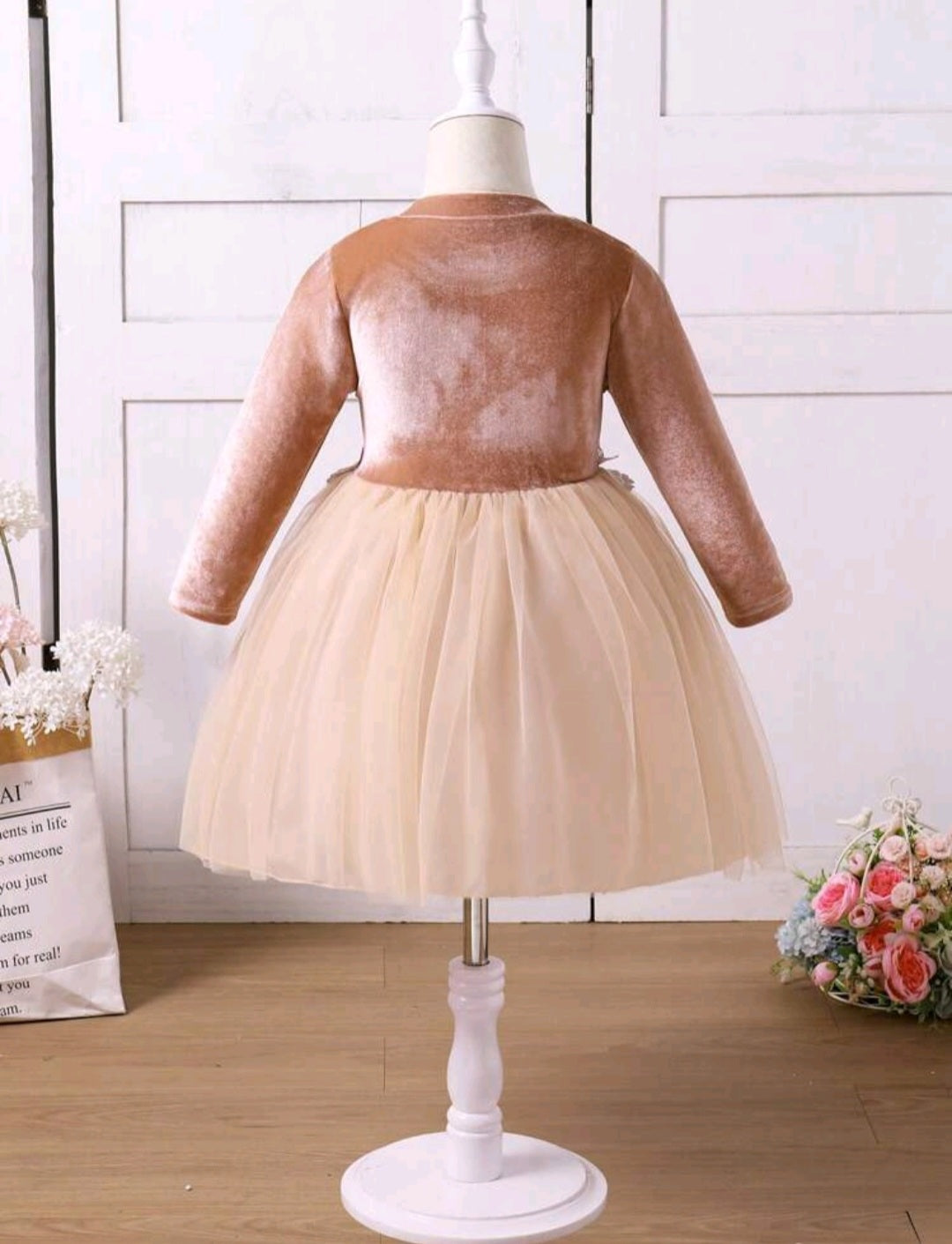 Apricot Velvet Long Sleeve Floral Dress #1001143