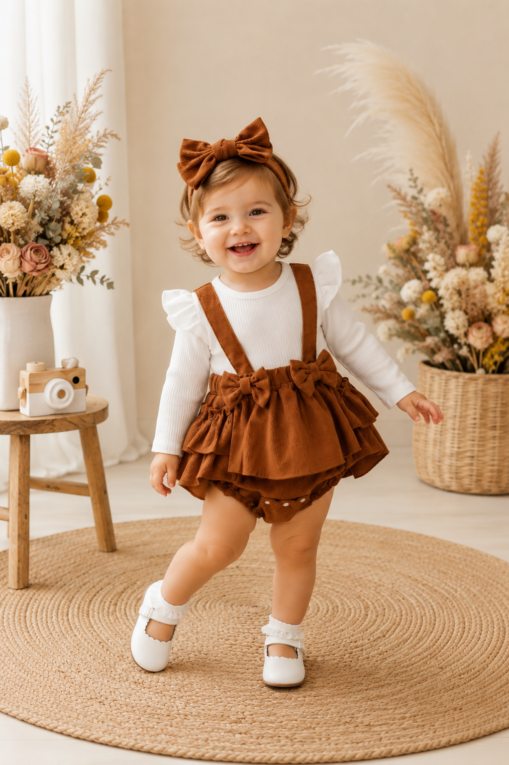Ribbed White Romper with Brown Corduroy Suspended Bloomer (Overall) and Headband #1000292