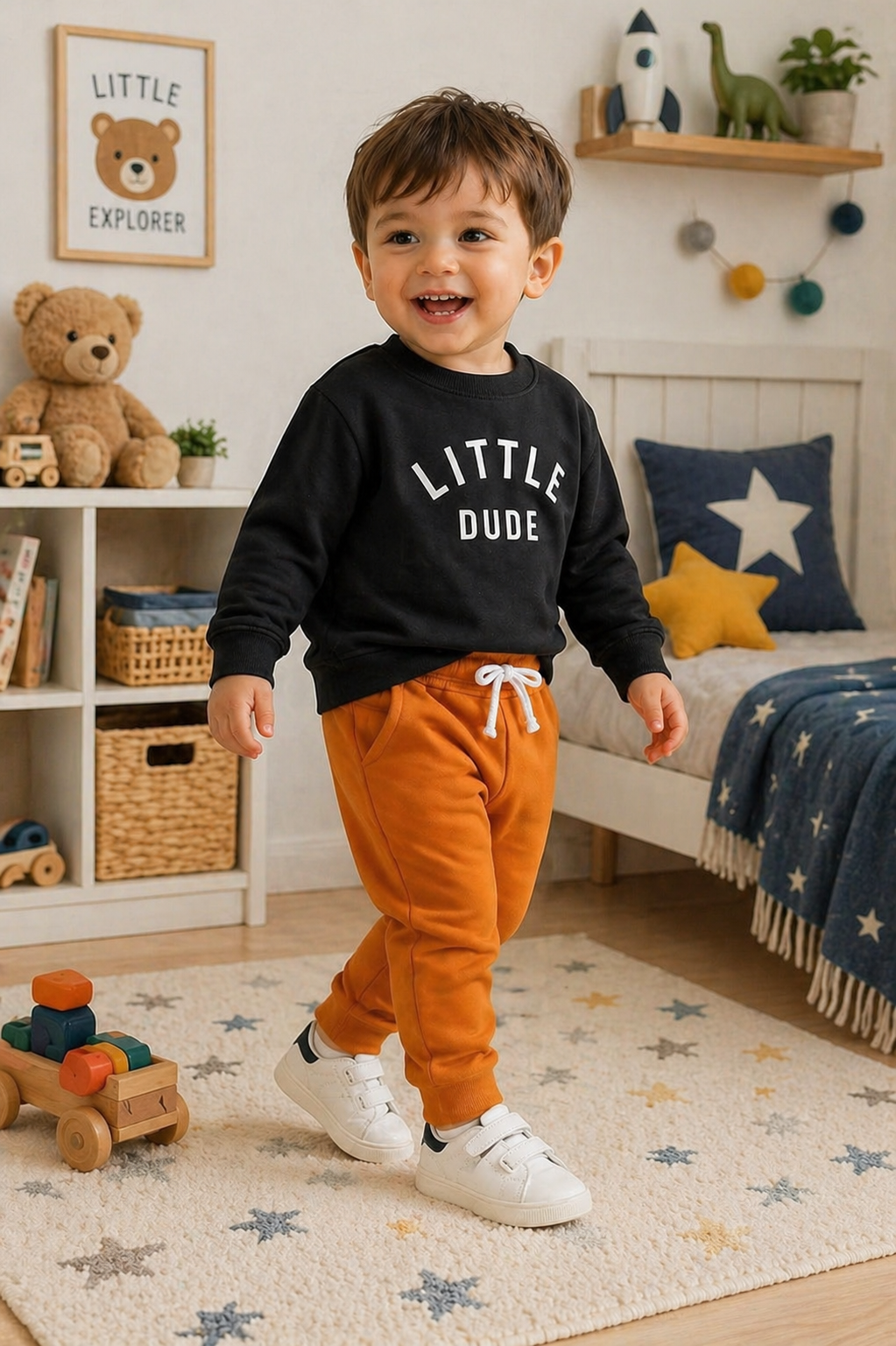 Little Dude Long Sleeve Black Top and Caramel Pants #1000280