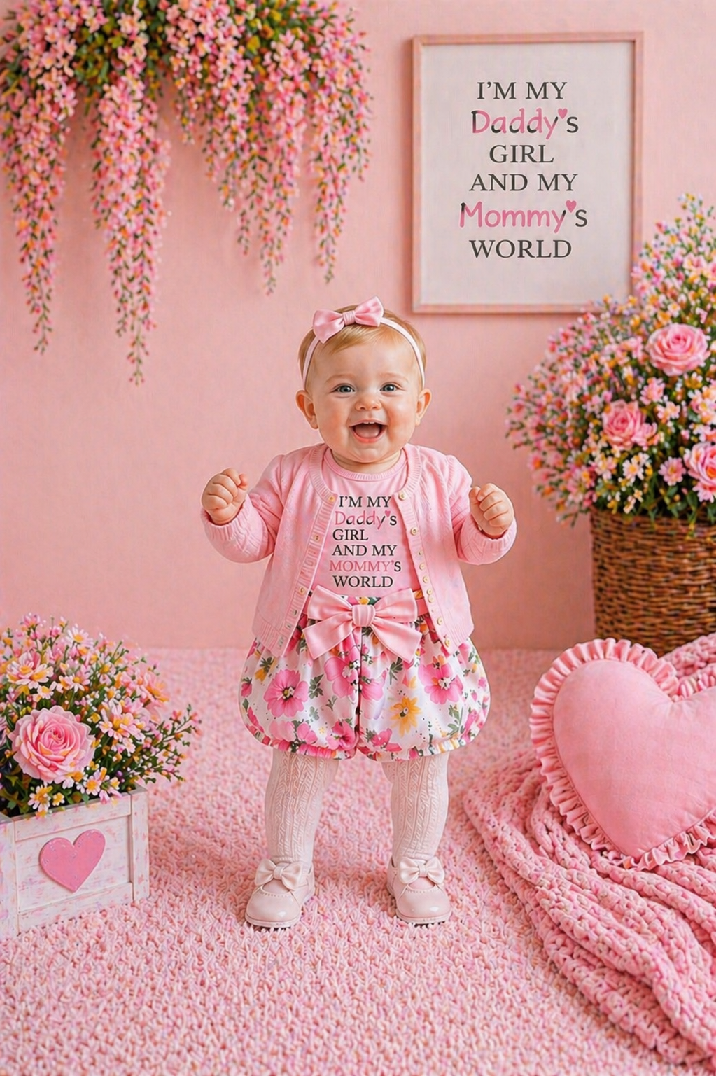 Daddy's Girl Mommy's World Pink Ruffle Romper with Floral Bloomer and Headband #1000874