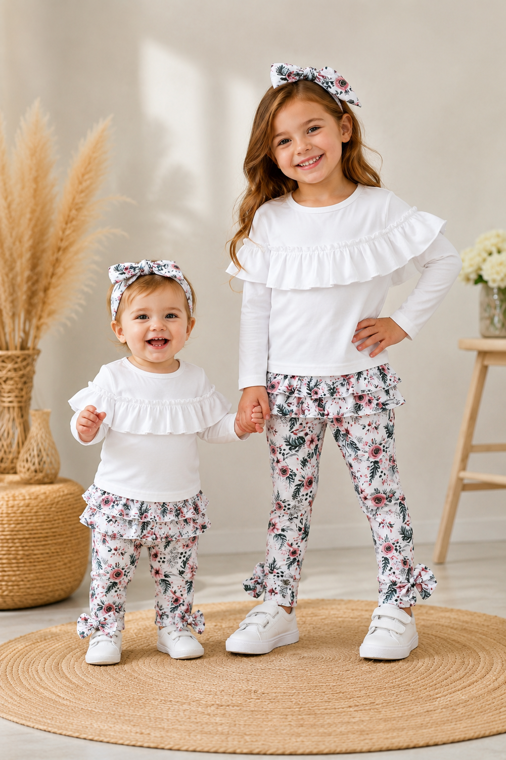 White Ruffle Top with Florral Leggings and Headband #100054