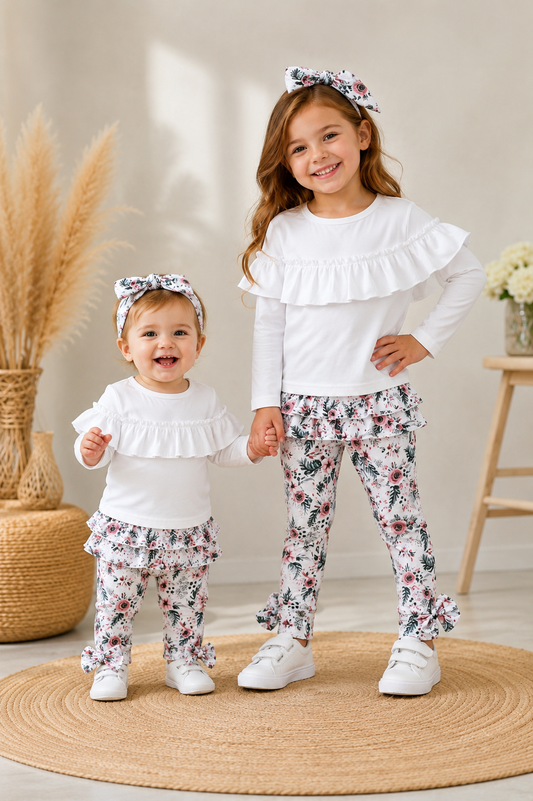 White Ruffle Top with Florral Leggings and Headband #100054