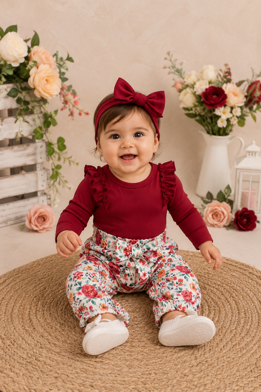 Maroon Long Sleeve Romper with Floral Bowknot Pants and Headband #1000878