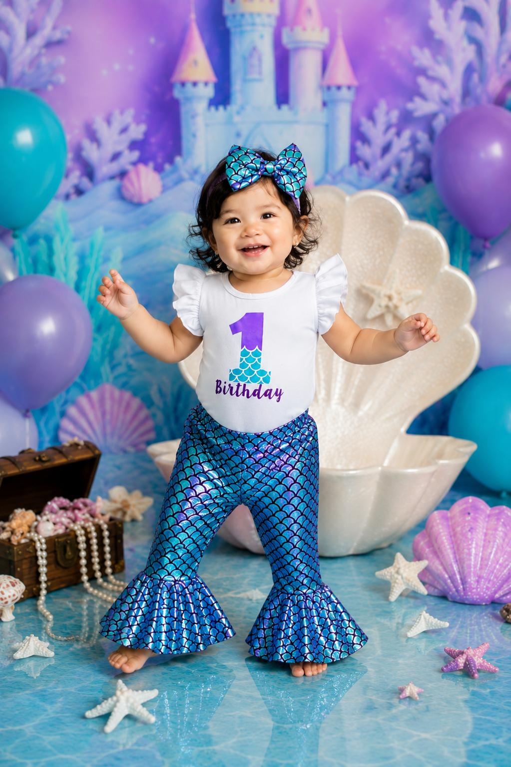First Birthday Ruffle Sleeve Romper with Mermaid Bell Bottoms and Headband  #1000206