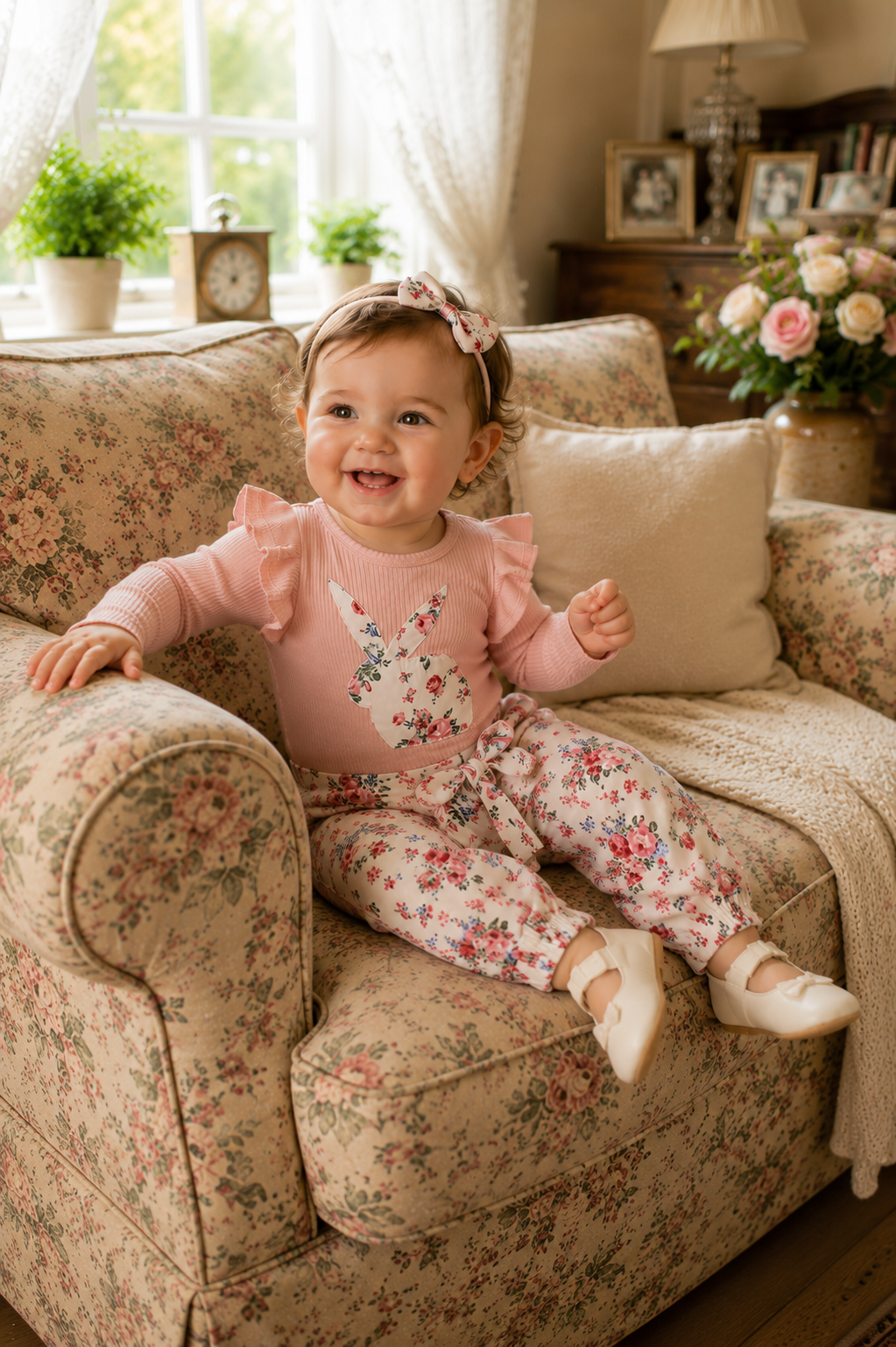 Ribbed Bunny Floral Romper and Bowknot Pants #100074