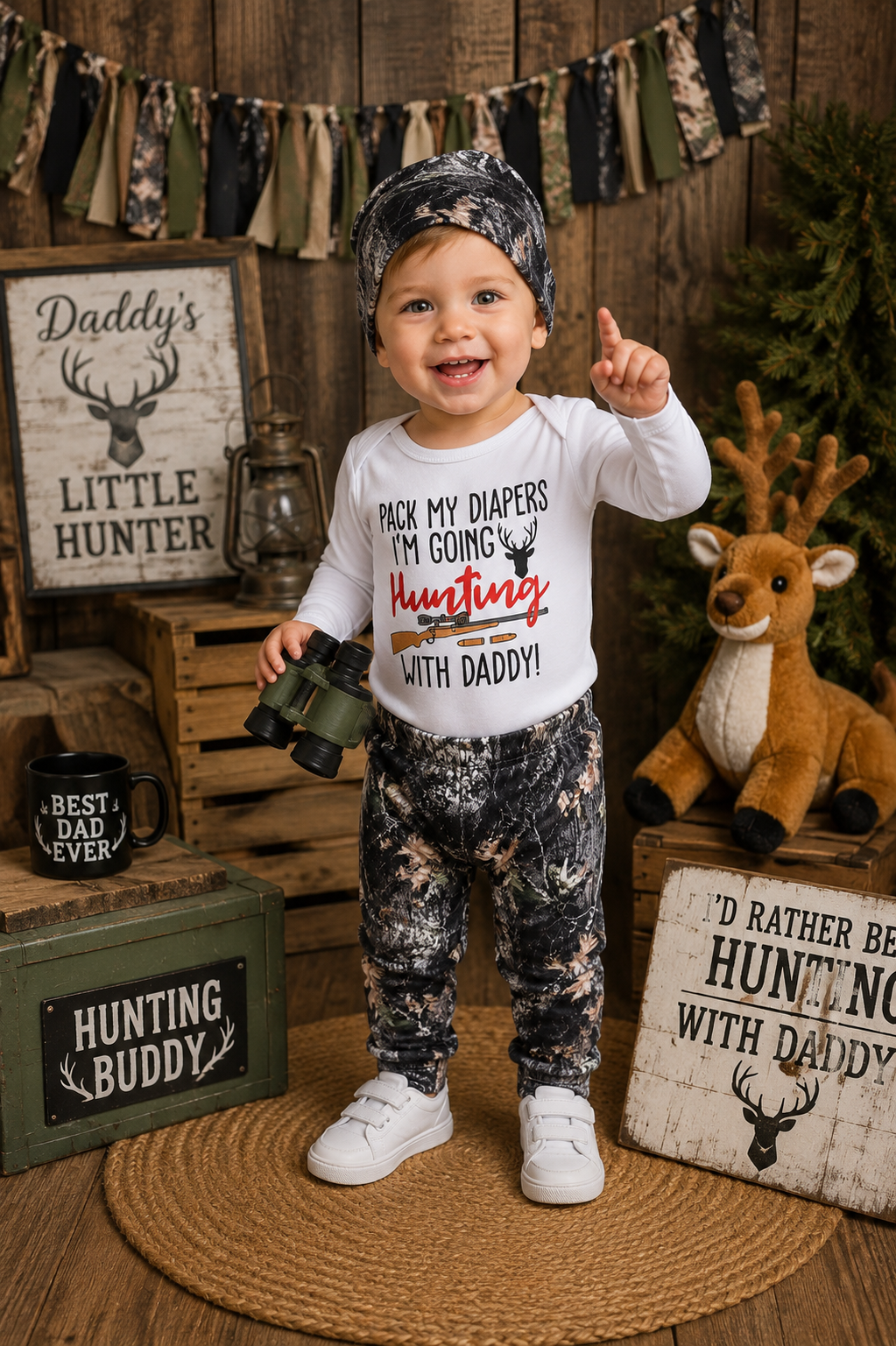 Pack My Dipers I'm Going Hunting With Daddy Romper,  Pants and Bennie  #2000169