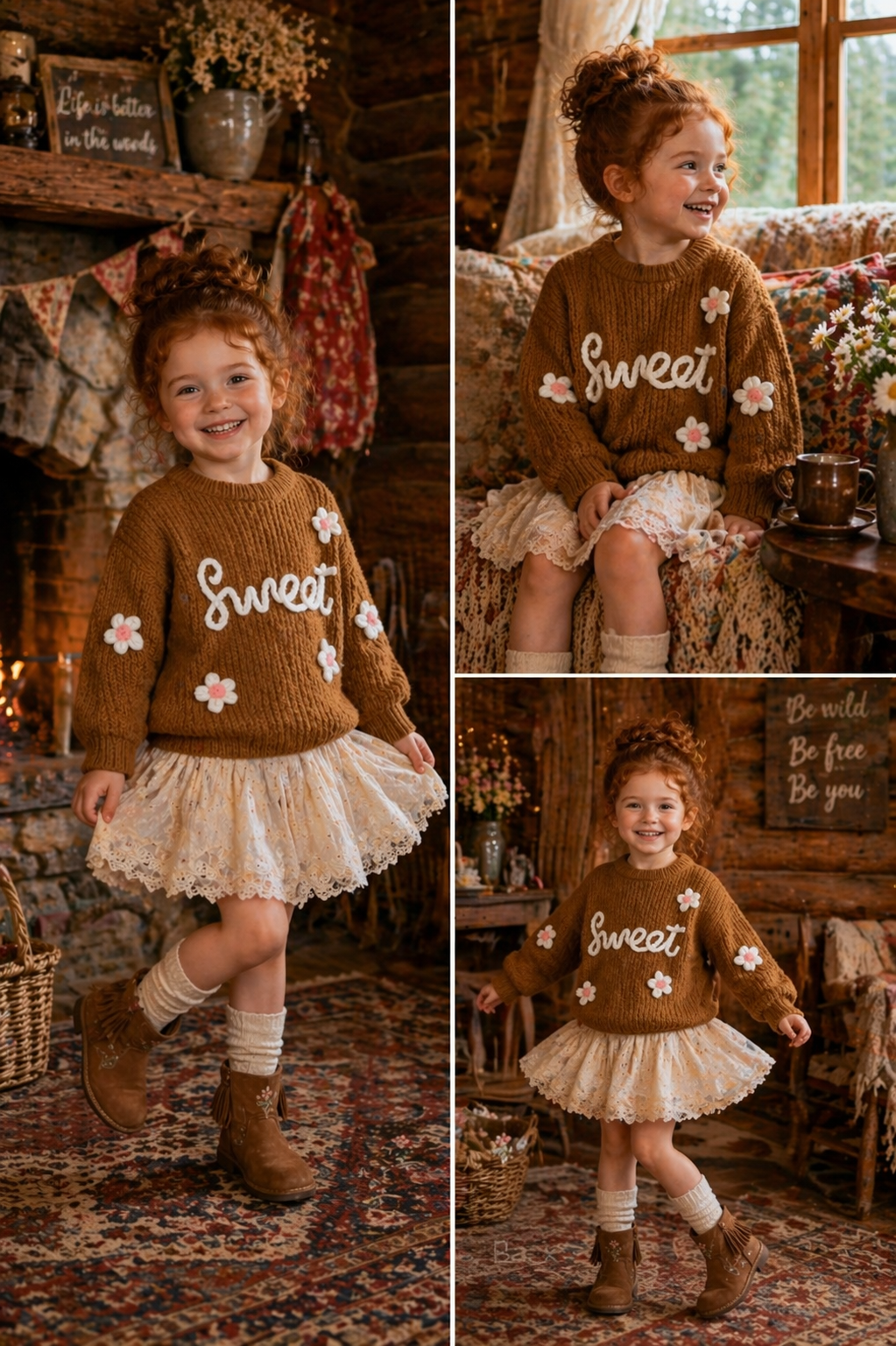Sweet Toffee Knitted Sweater with Floral Detail #1000241