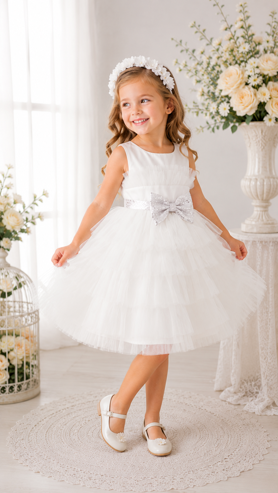 White Special Occasions Dress with Silver Sequins Bow #1000306