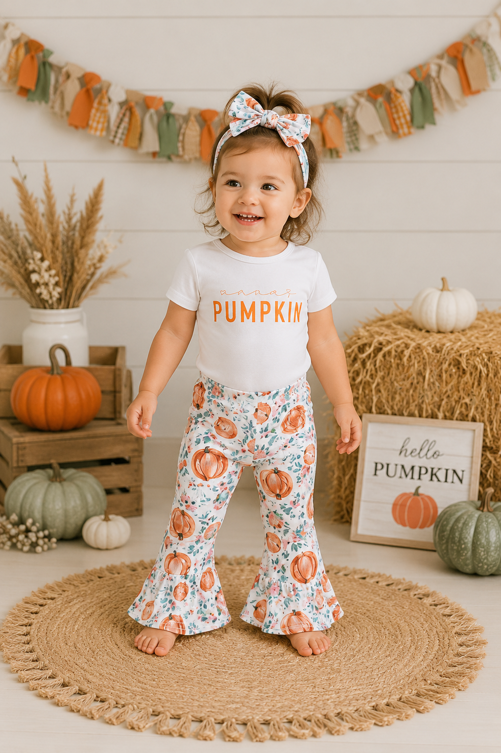 Mama's Pumpkin Romper with Bell Bottoms and Headband #100096