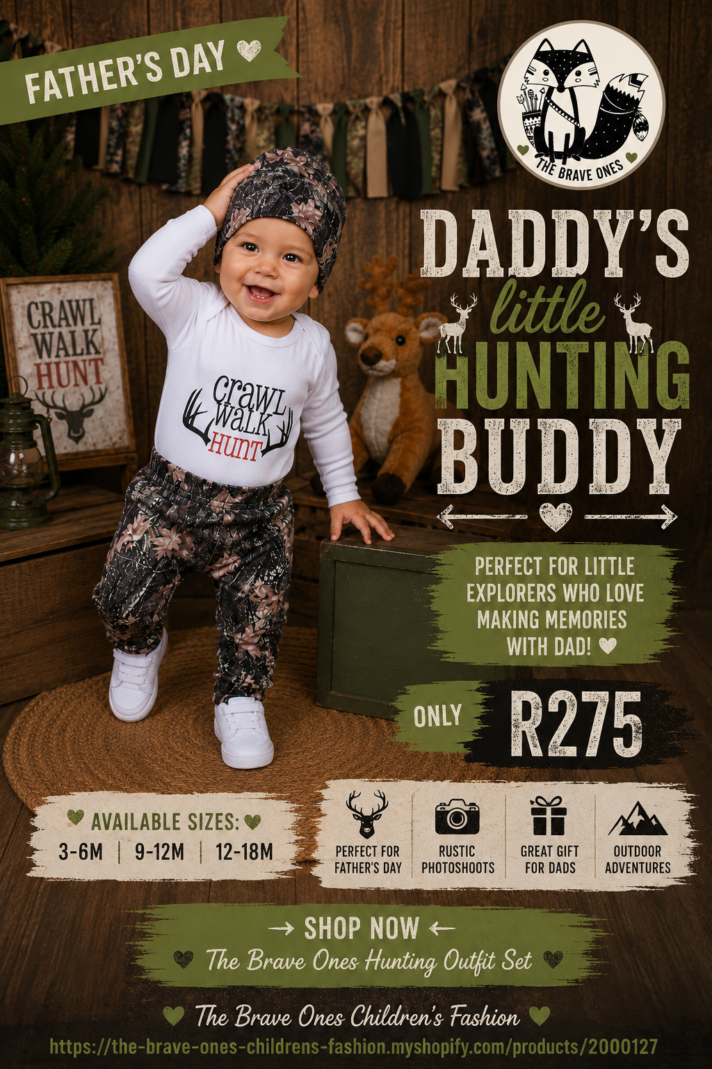 Crawl, Walk, Hunt Romper with Camo Pants and Beanie #2000127