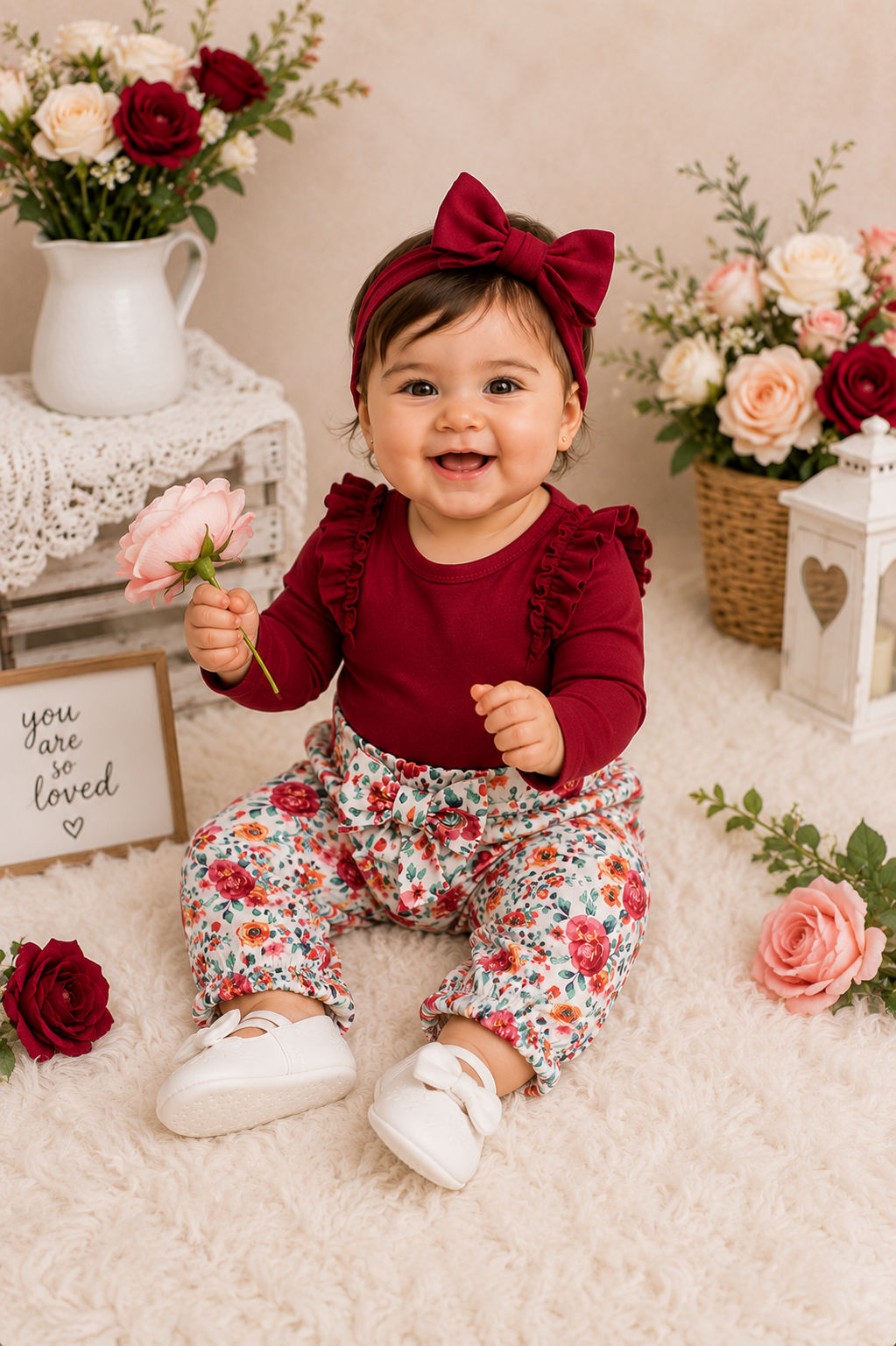 Maroon Long Sleeve Romper with Floral Bowknot Pants and Headband #1000878