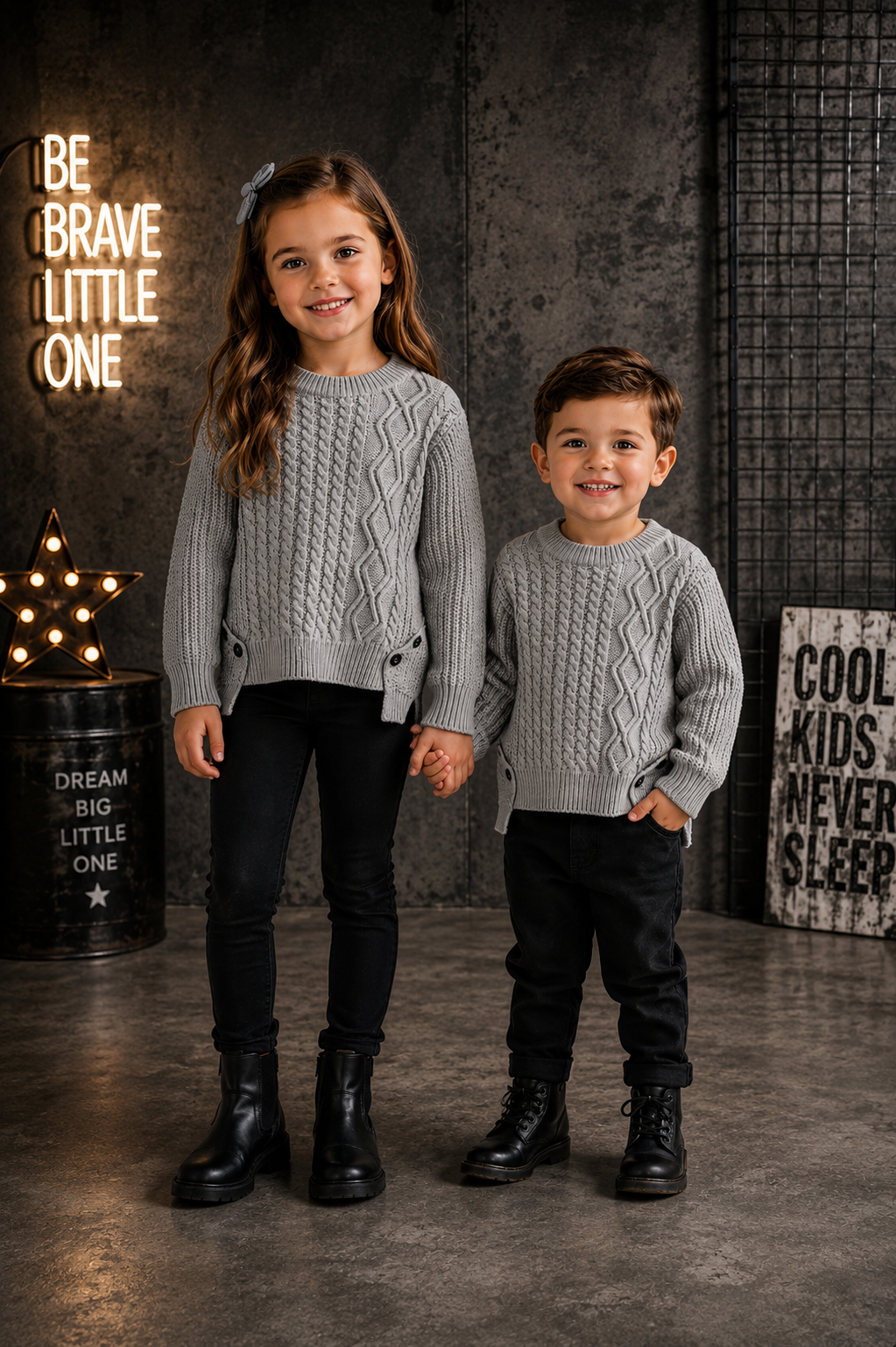 Gray Cable Knited Crew Neck Sweater; Gender Neutral #10020017