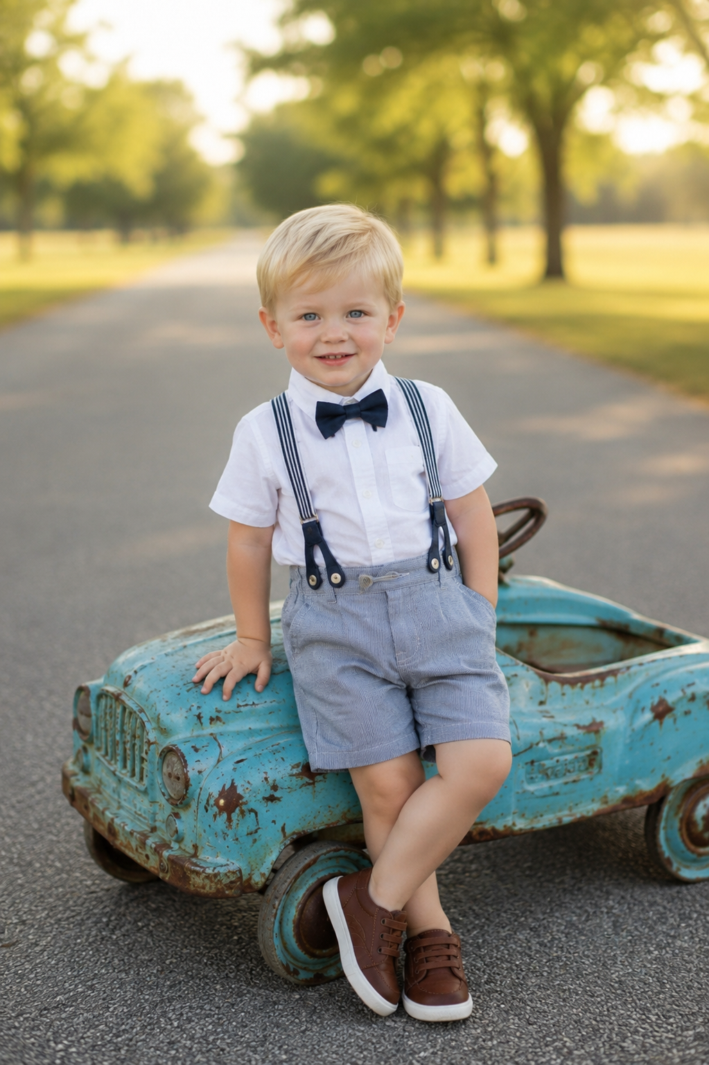 Gentleman Suit White Short Sleeve Shirts with Shorts, Suspenders and Bowtie #200069