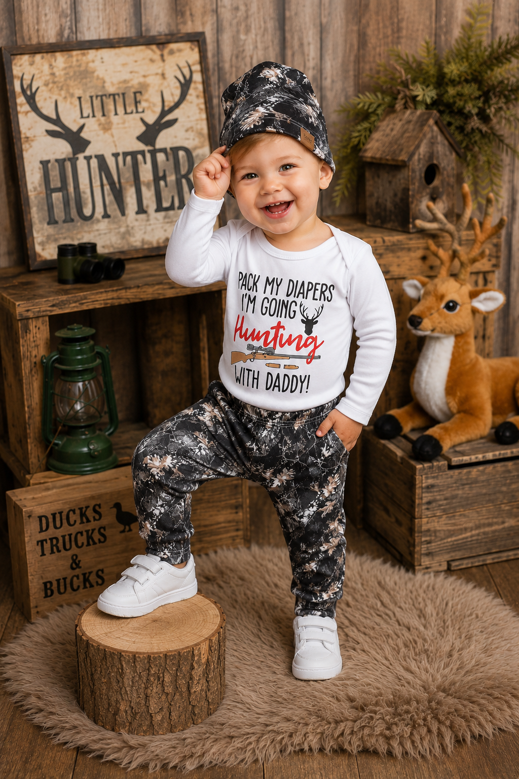 Pack My Dipers I'm Going Hunting With Daddy Romper,  Pants and Bennie  #2000169