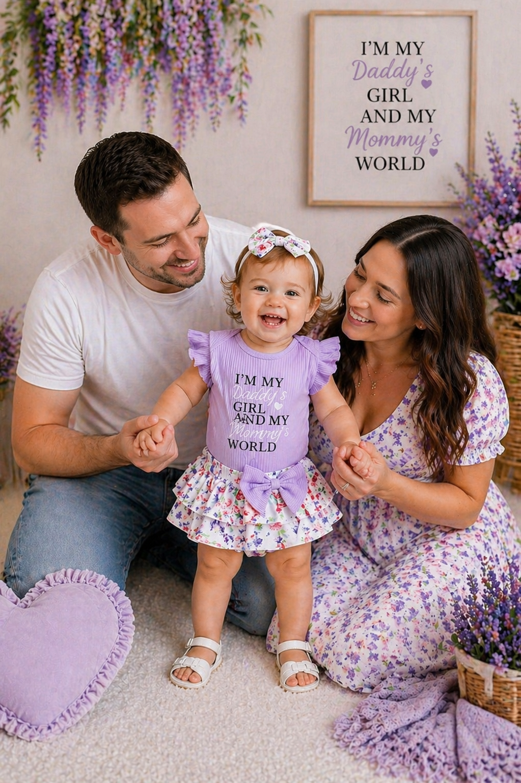 Daddy's Girl Mommy's World Purple Ruffle Romper with Floral Bloomer and Headband  #1000860