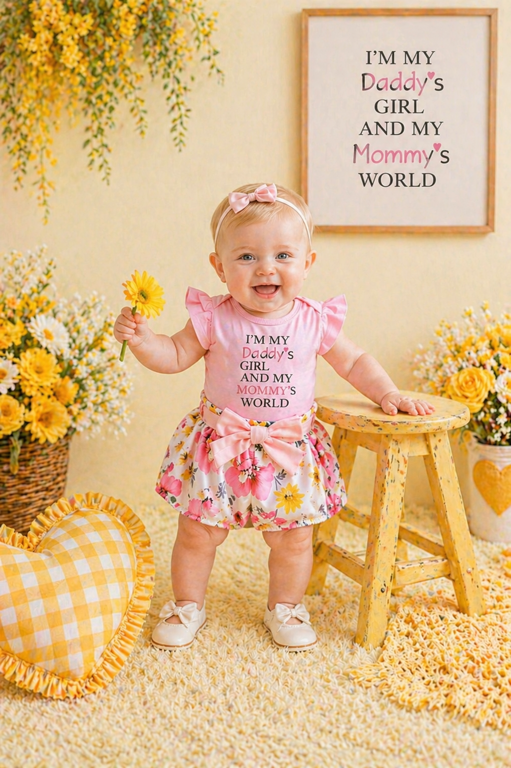 Daddy's Girl Mommy's World Pink Ruffle Romper with Floral Bloomer and Headband #1000874