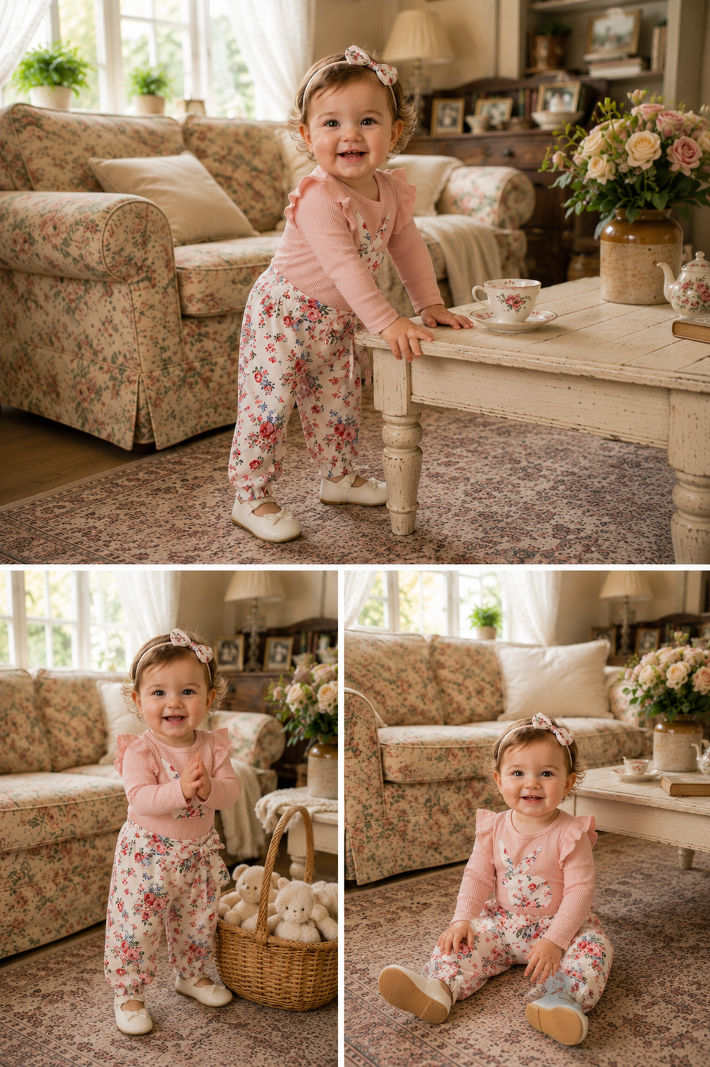 Ribbed Bunny Floral Romper and Bowknot Pants #100074
