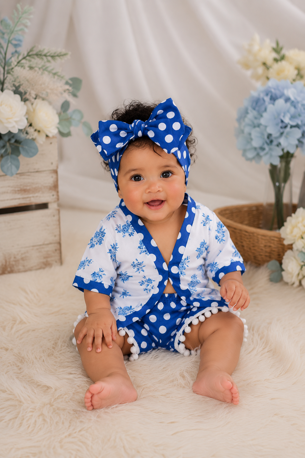 Royal Blue Floral Kimono with Bloomer and Headband #1000659