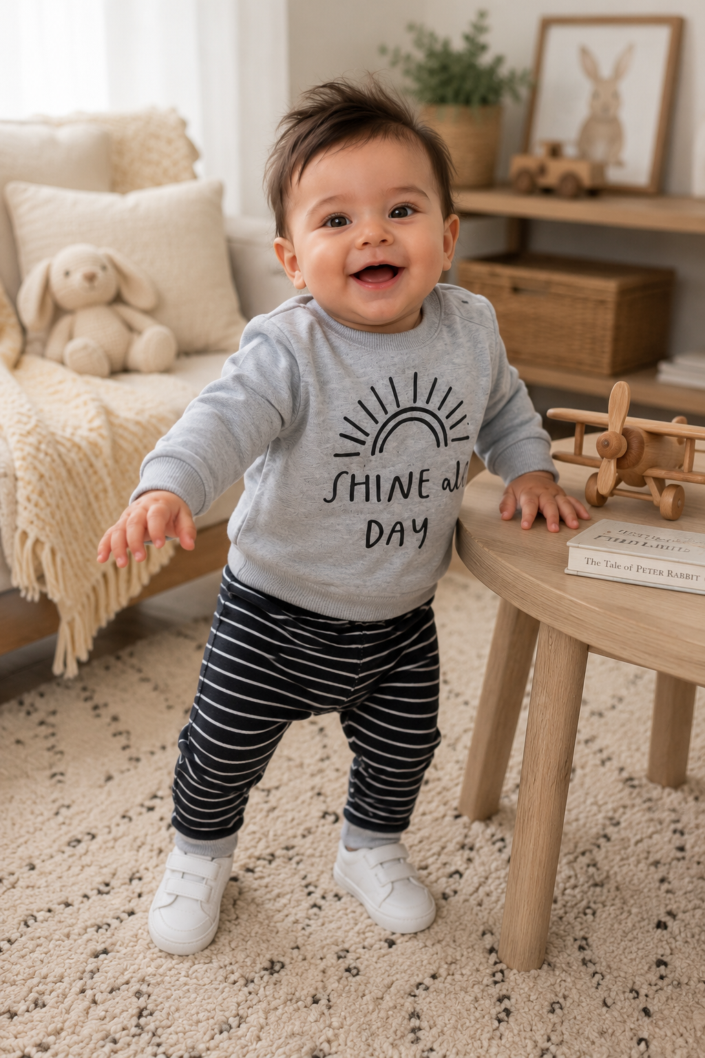 Shine All Day Gray Crewnek Top and Striped Pants #2000339