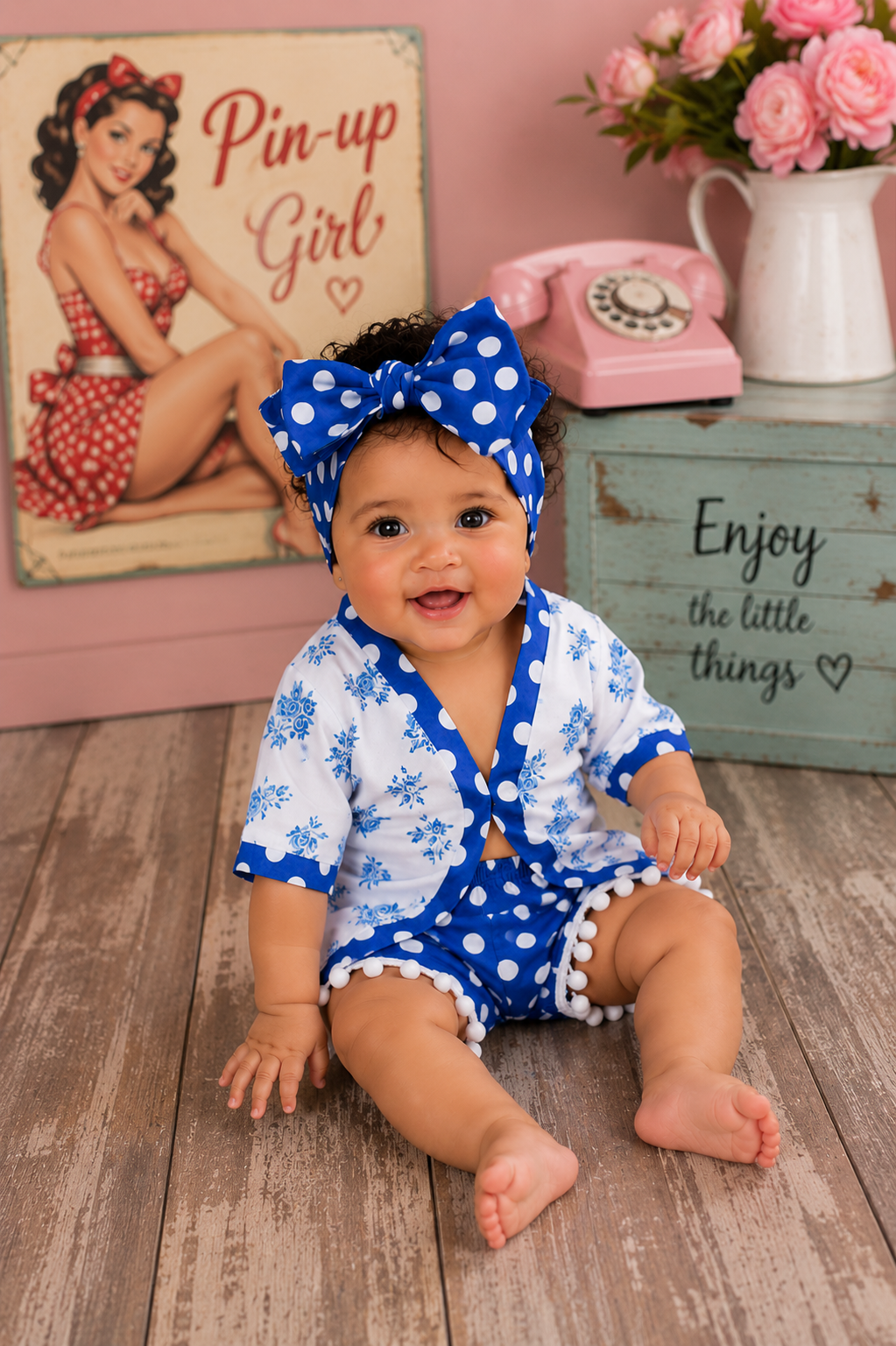 Royal Blue Floral Kimono with Bloomer and Headband #1000659