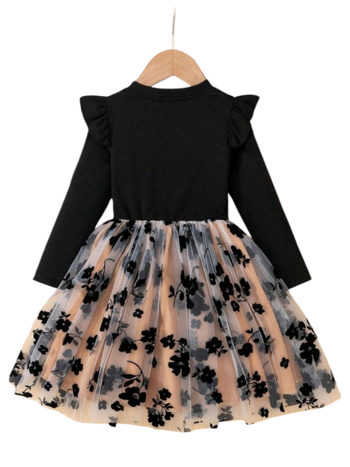 Black and Champagne Floral Long Sleeve Dress #1000346