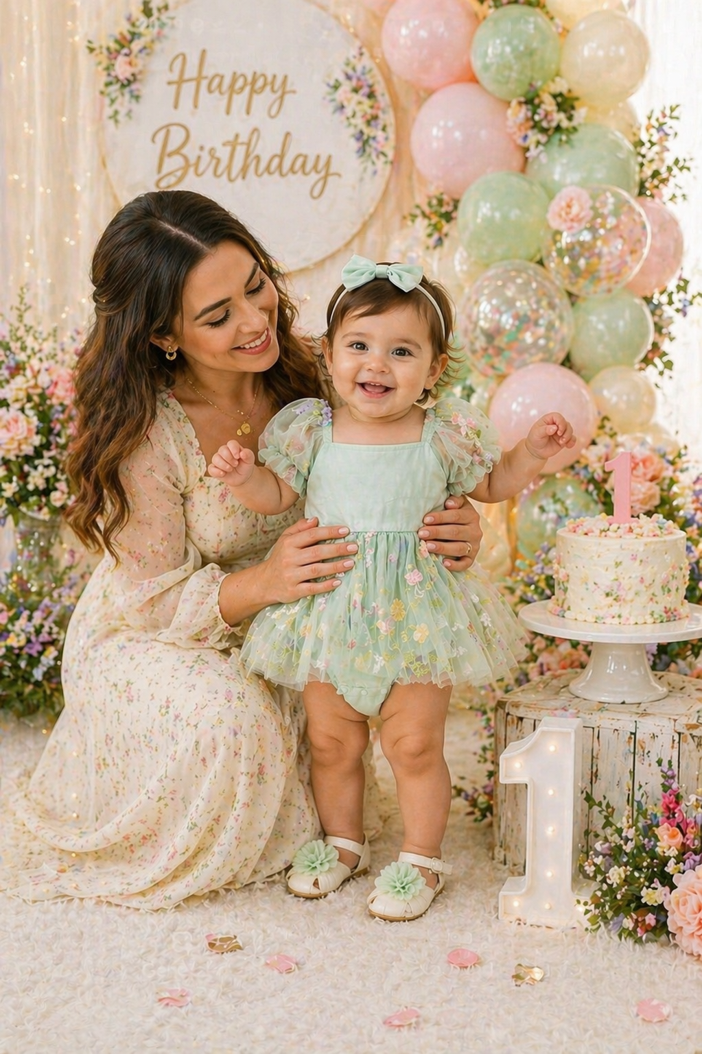 Mint Romper with Embroidered Tulle Tutu, Puff Sholders and Headband #1001176