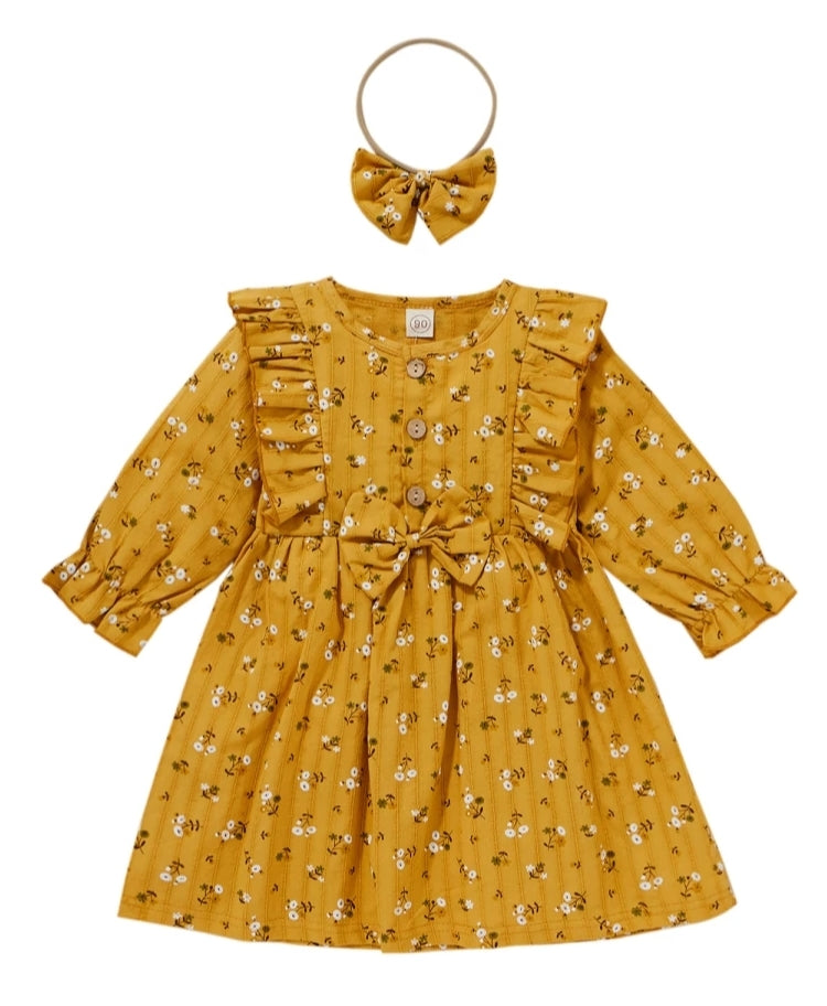 Mustard Floral Dress with Headband #1000922