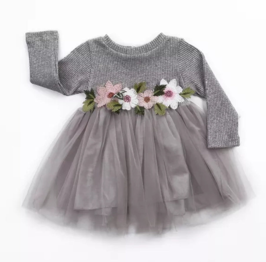 Gray Ribbed Lace Dress with Floral Design #1001016