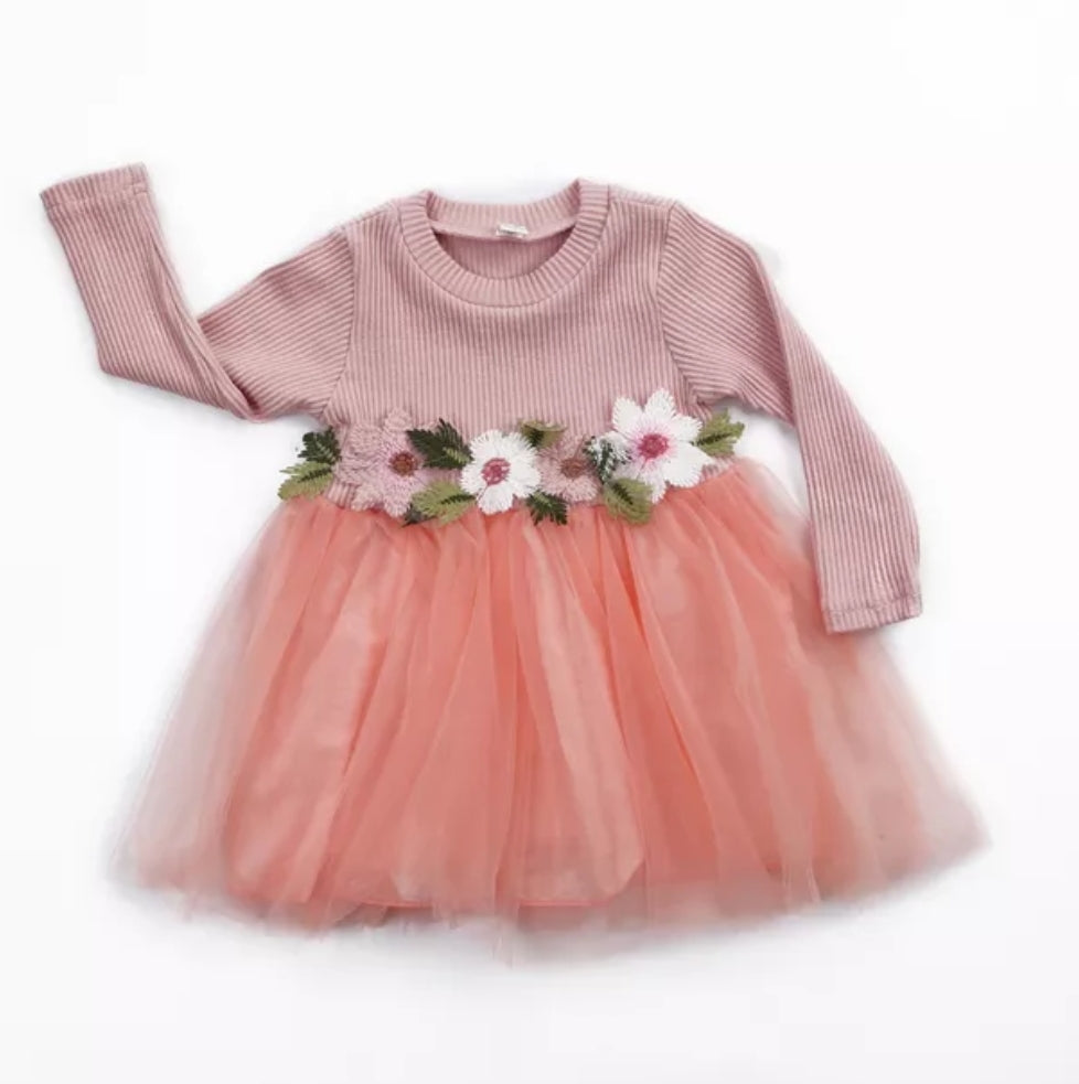 Pink Ribbed Long Sleeve Dress with Floral Design #1001017