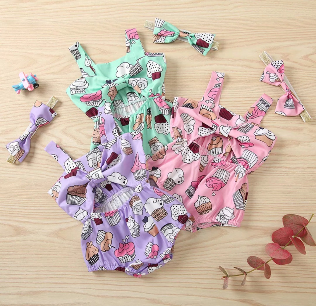 Mint Cup Cake Bowknot Romper #1000499