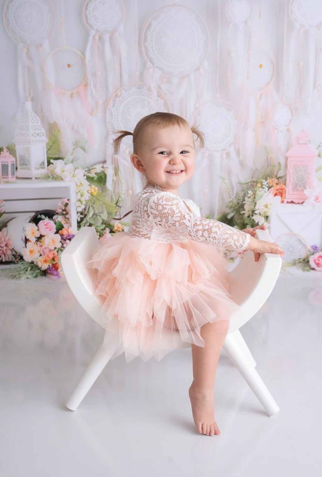 Long Sleeve Lace and Peachy Pink Tutu Dress #1000329