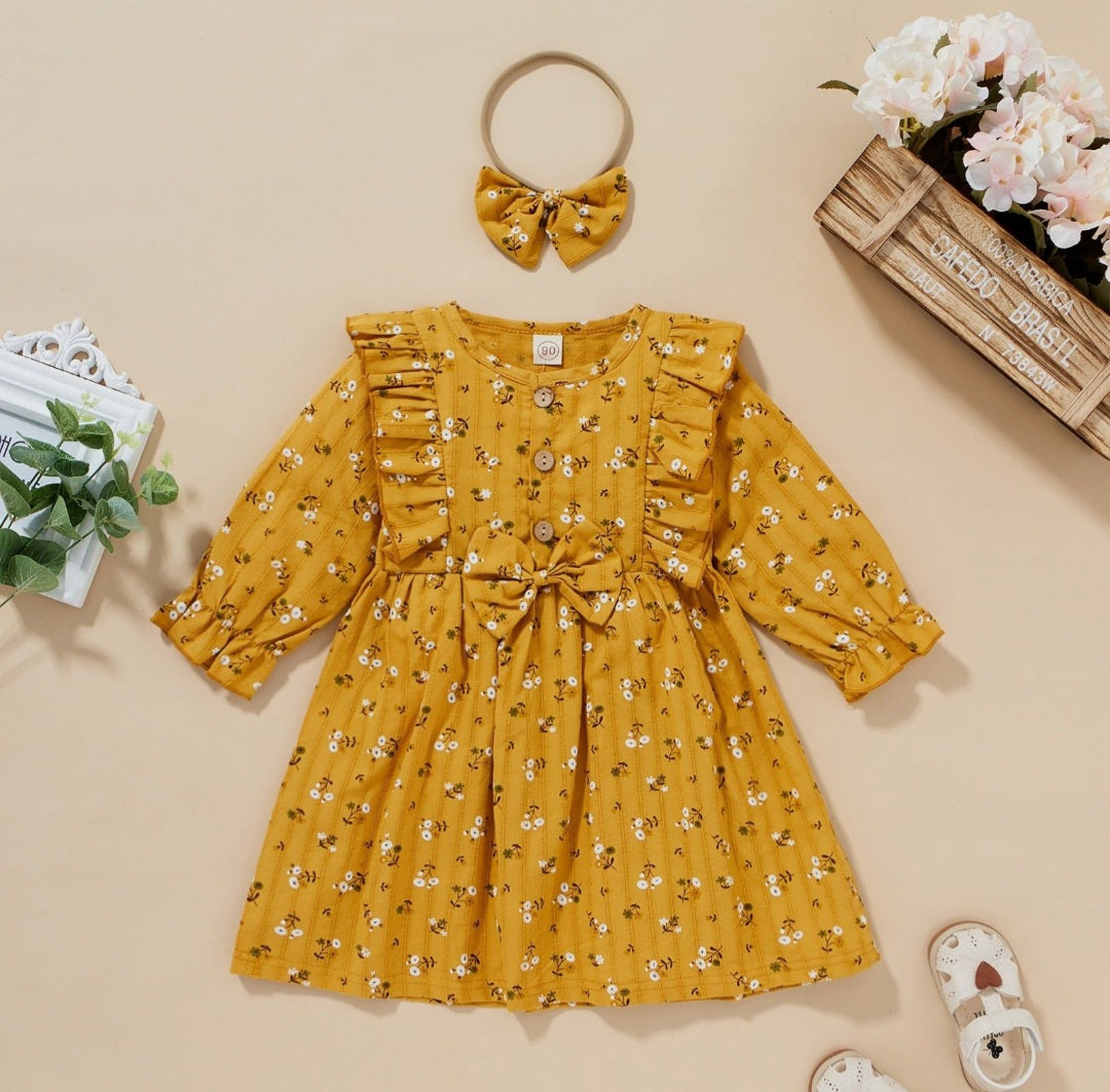 Mustard Floral Dress with Headband #1000922