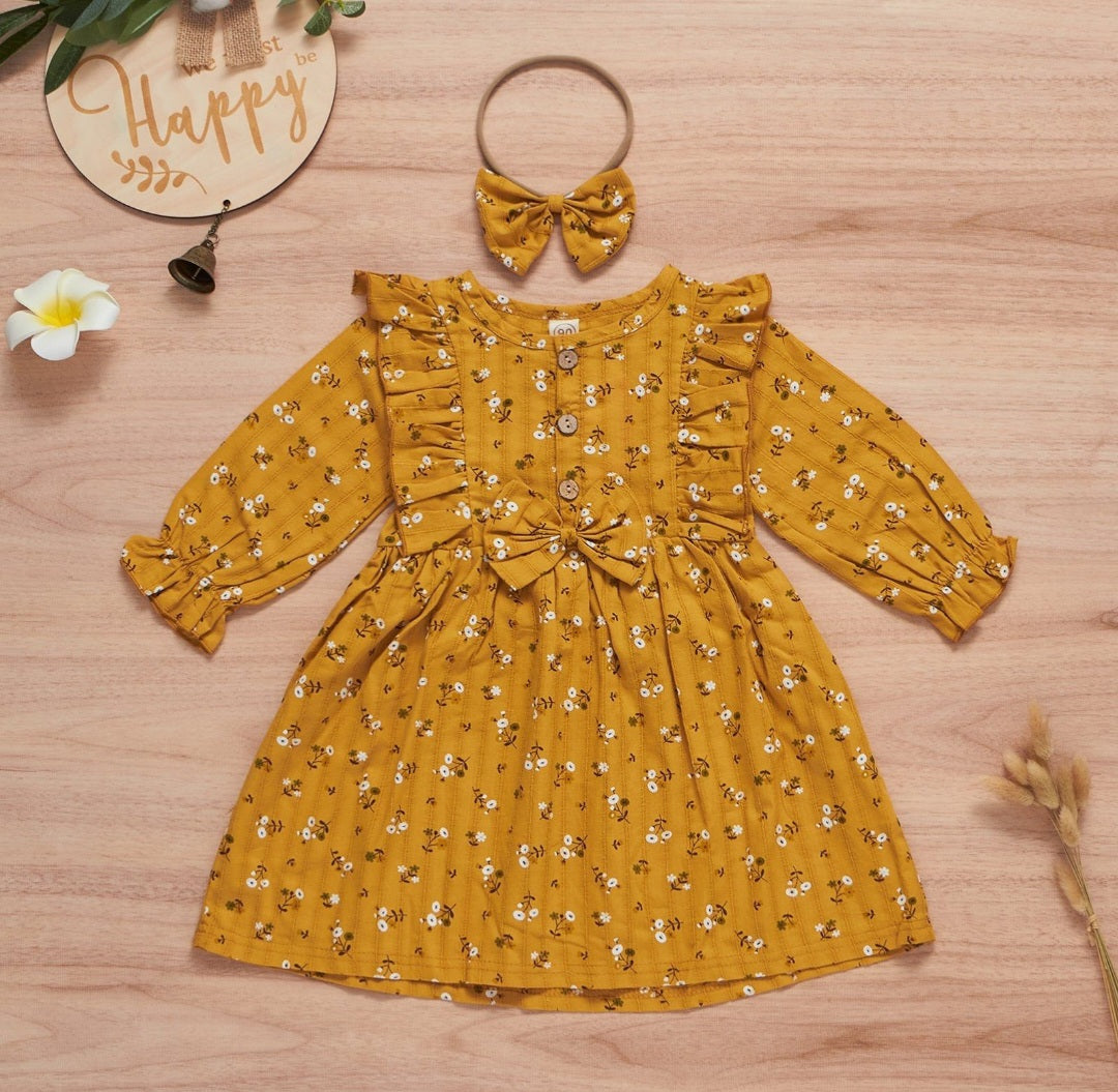 Mustard Floral Dress with Headband #1000922