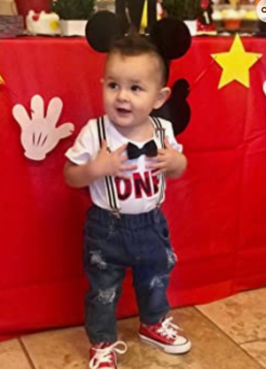 First Birthday Outfit ONE Romper Denims and Suspenders #2000347
