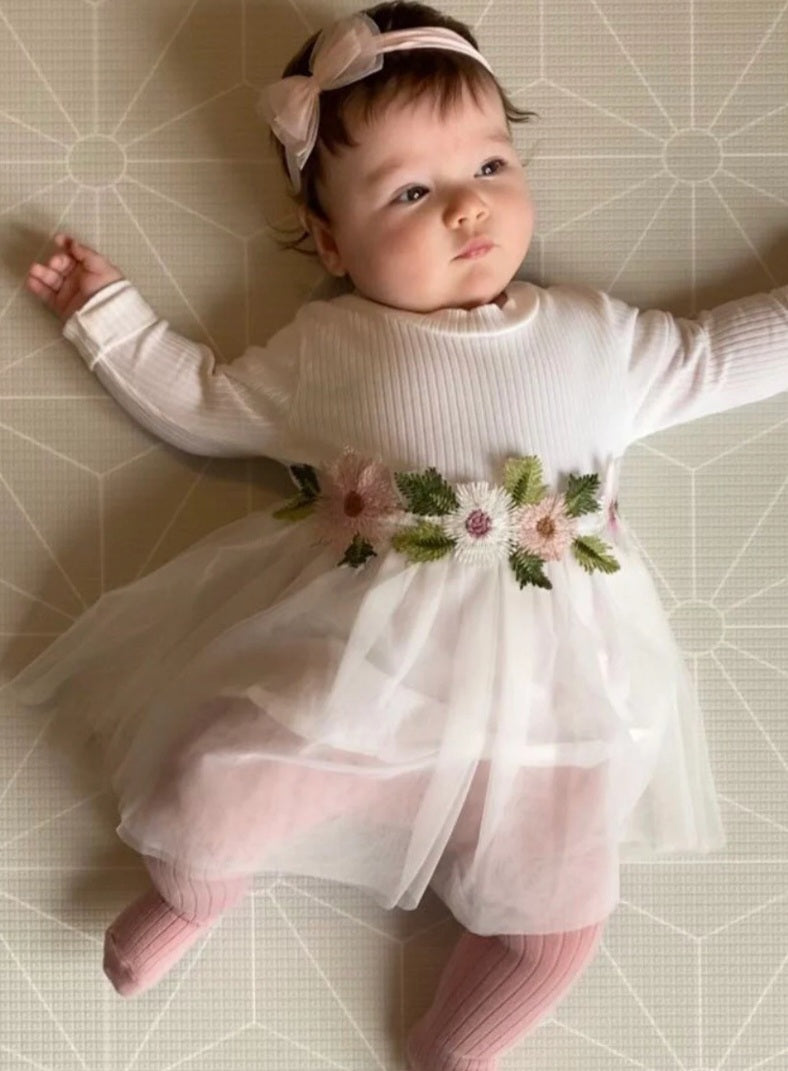White Ribbed Lace Dress with Floral Design #10001015