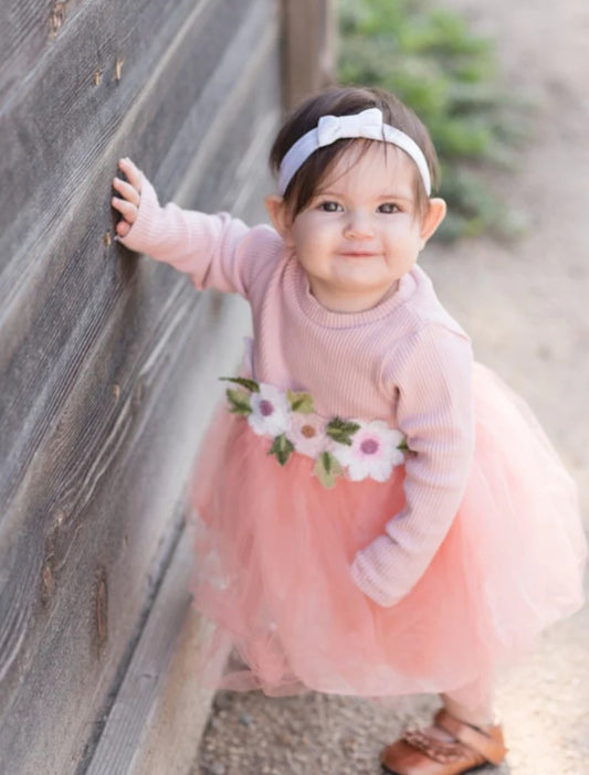 Pink Ribbed Long Sleeve Dress with Floral Design #1001017