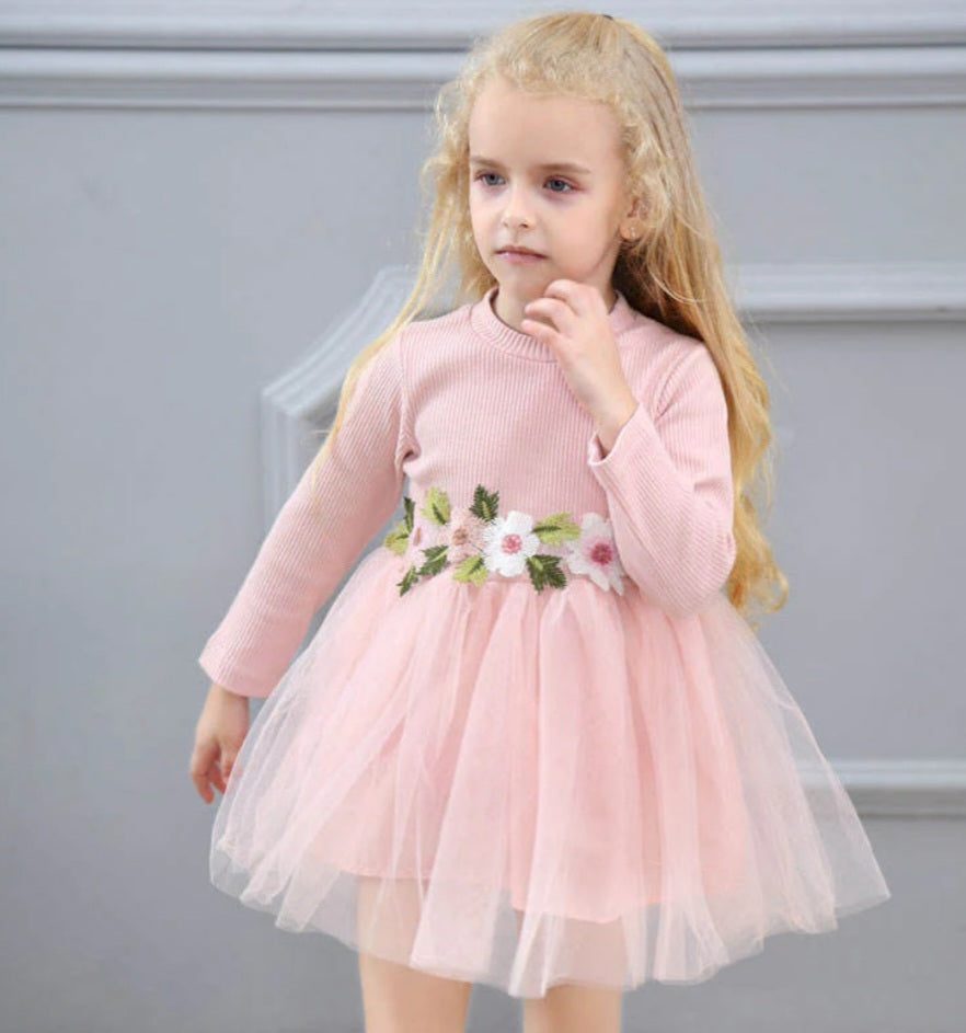Pink Ribbed Long Sleeve Dress with Floral Design #1001017