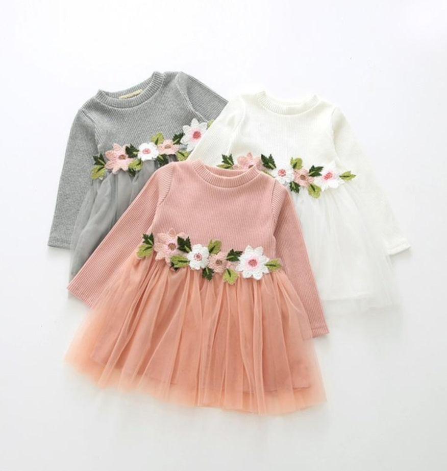 Pink Ribbed Long Sleeve Dress with Floral Design #1001017